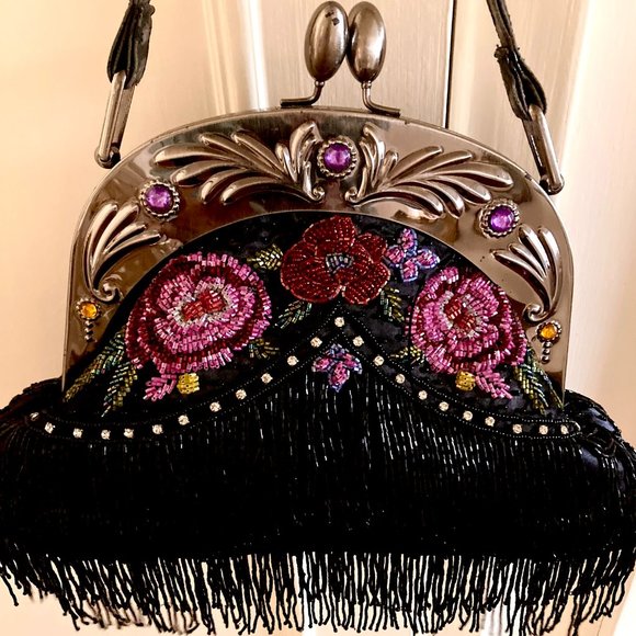 Vintage Beaded Pocketbook - Black 13.5" wide x 10" long and 3" depth at bottom. - Picture 2 of 7